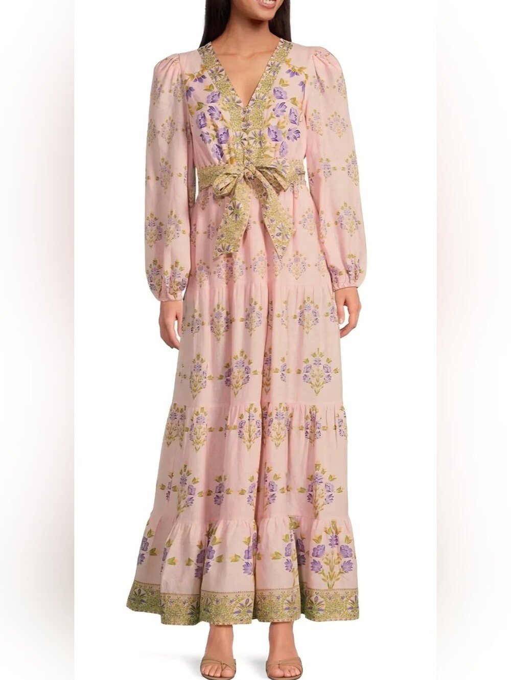 A Loves A pink floral linen rayon long-sleeve V-neck maxi dress waist belt XS